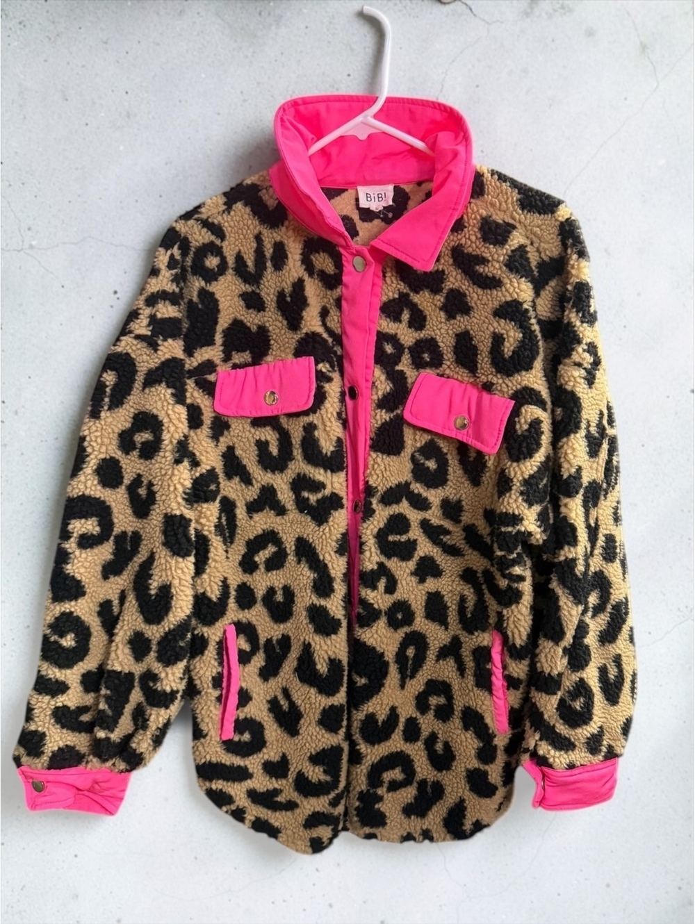 BiBi Large Leopard Sherpa Shacket Hot Pink Trim Leopard Print Fleece Jacket